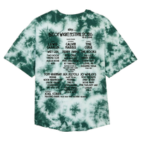 A kids’ green and white Mono Tie Dye Logo Line Up T Shirt from IOW 2026, featuring the Isle of Wight Festival 2026 lineup with headliners and band names in black text on the back, organized by stage and date.
