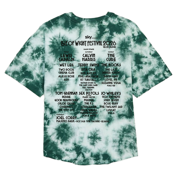 A kids’ green and white Mono Tie Dye Logo Line Up T Shirt from IOW 2026, featuring the Isle of Wight Festival 2026 lineup with headliners and band names in black text on the back, organized by stage and date.