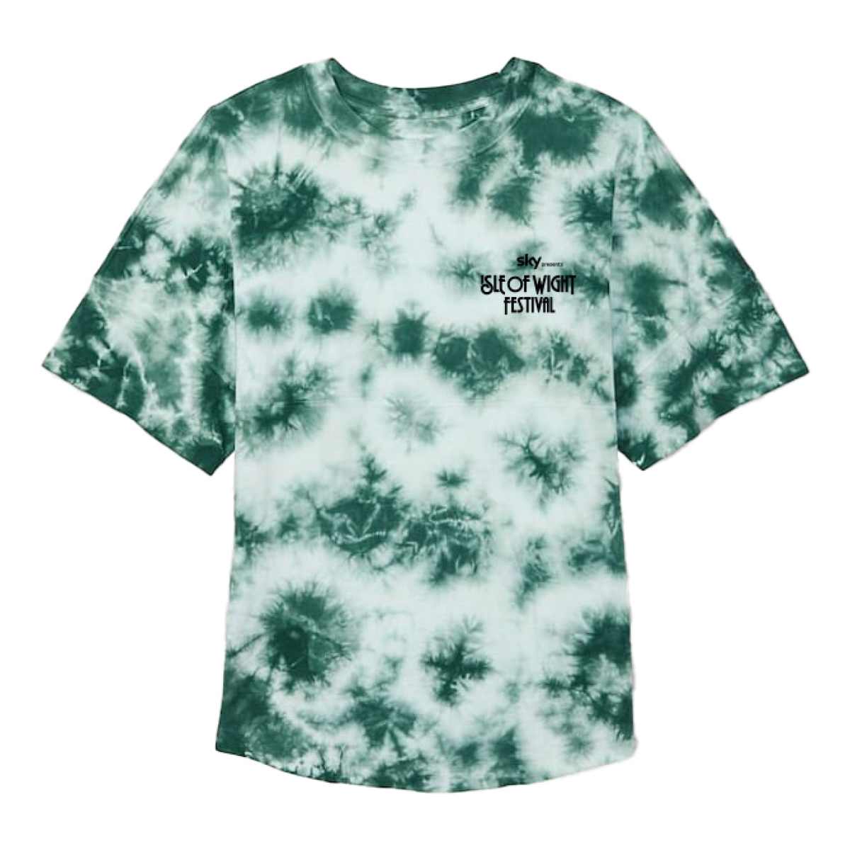 The IOW 2026 Mono Tie Dye Logo Line Up T Shirt Kids is a green and white tie-dye short-sleeve T-shirt, featuring black "sky ISLE OF WIGHT FESTIVAL" text on the front left chest. The shirt is displayed flat on a white background.