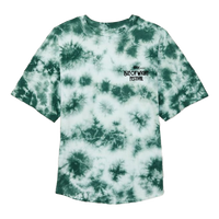 The IOW 2026 Mono Tie Dye Logo Line Up T Shirt Kids is a green and white tie-dye short-sleeve T-shirt, featuring black "sky ISLE OF WIGHT FESTIVAL" text on the front left chest. The shirt is displayed flat on a white background.