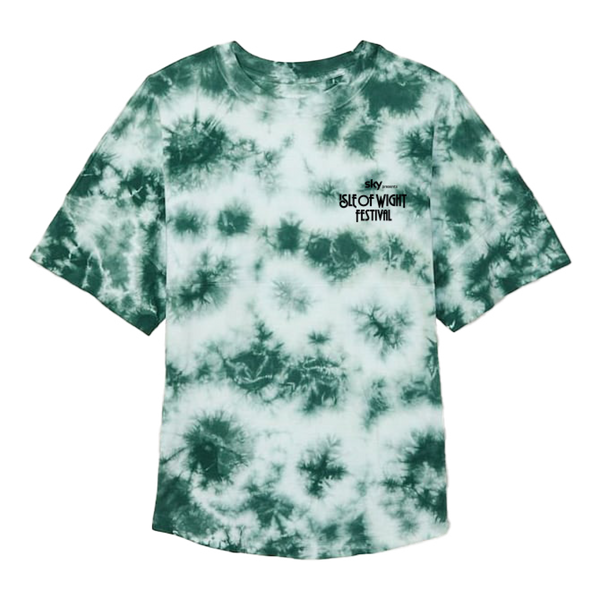The IOW 2026 Mono Tie Dye Logo Line Up T Shirt Kids is a green and white tie-dye short-sleeve T-shirt, featuring black "sky ISLE OF WIGHT FESTIVAL" text on the front left chest. The shirt is displayed flat on a white background.