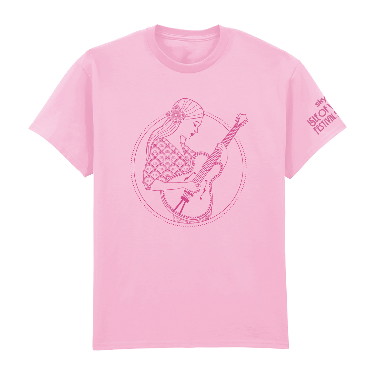 The Isle of Wight Festival 2025 Pink T-Shirt by 2025 features a line art woman playing guitar in a circle and SFOLK FESTIVAL text on the left sleeve—perfect for festival style.