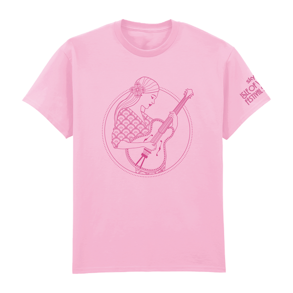 The Isle of Wight Festival 2025 Pink T-Shirt by 2025 features a line art woman playing guitar in a circle and SFOLK FESTIVAL text on the left sleeve—perfect for festival style.