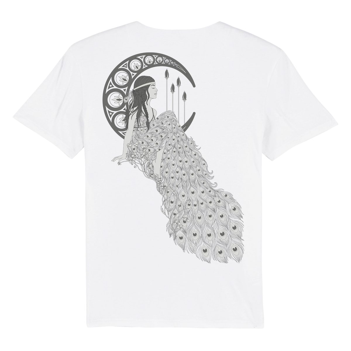 IOW 2026 Grey Scale Art T Shirt featuring a black line drawing of a woman seated on a crescent moon, adorned in an intricate peacock feather dress, set against geometric designs and arrows in the background.
