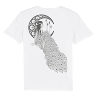 IOW 2026 Grey Scale Art T Shirt featuring a black line drawing of a woman seated on a crescent moon, adorned in an intricate peacock feather dress, set against geometric designs and arrows in the background.