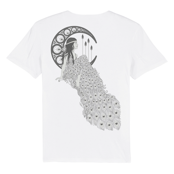 IOW 2026 Grey Scale Art T Shirt featuring a black line drawing of a woman seated on a crescent moon, adorned in an intricate peacock feather dress, set against geometric designs and arrows in the background.