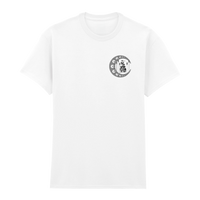 2026 Grey Scale Art T Shirt by IOW 2026: This white t-shirt features a small, circular black and white graphic with geometric patterns and a central emblem on the upper left chest. The background remains plain white for a clean, minimal look.