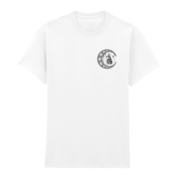 2026 Grey Scale Art T Shirt by IOW 2026: This white t-shirt features a small, circular black and white graphic with geometric patterns and a central emblem on the upper left chest. The background remains plain white for a clean, minimal look.