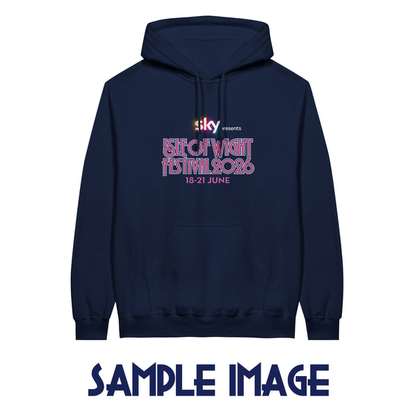 The Isle Of Wight Festival Shop’s PRE-ORDER 2026 Line Up Hoodie in navy, featuring “Sky presents Isle of Wight Festival 18-21 June” in pink and white. Celebrates headliners. SAMPLE IMAGE appears below the hoodie.