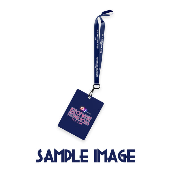 A navy blue lanyard with a rectangular badge showing PRE-ORDER 2026 Lanyard Programme from The Isle Of Wight Festival Shop, perfect for early orders via the Lanyard Programme. “Sample Image” is printed below.