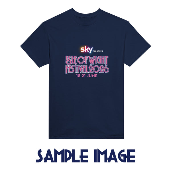 PRE-ORDER 2026 Line Up T-Shirt by The Isle Of Wight Festival Shop features bold, colorful headlining artists and "Isle of Wight Festival 18-21 June 2026" on the front. "SAMPLE IMAGE" appears below in a matching font.