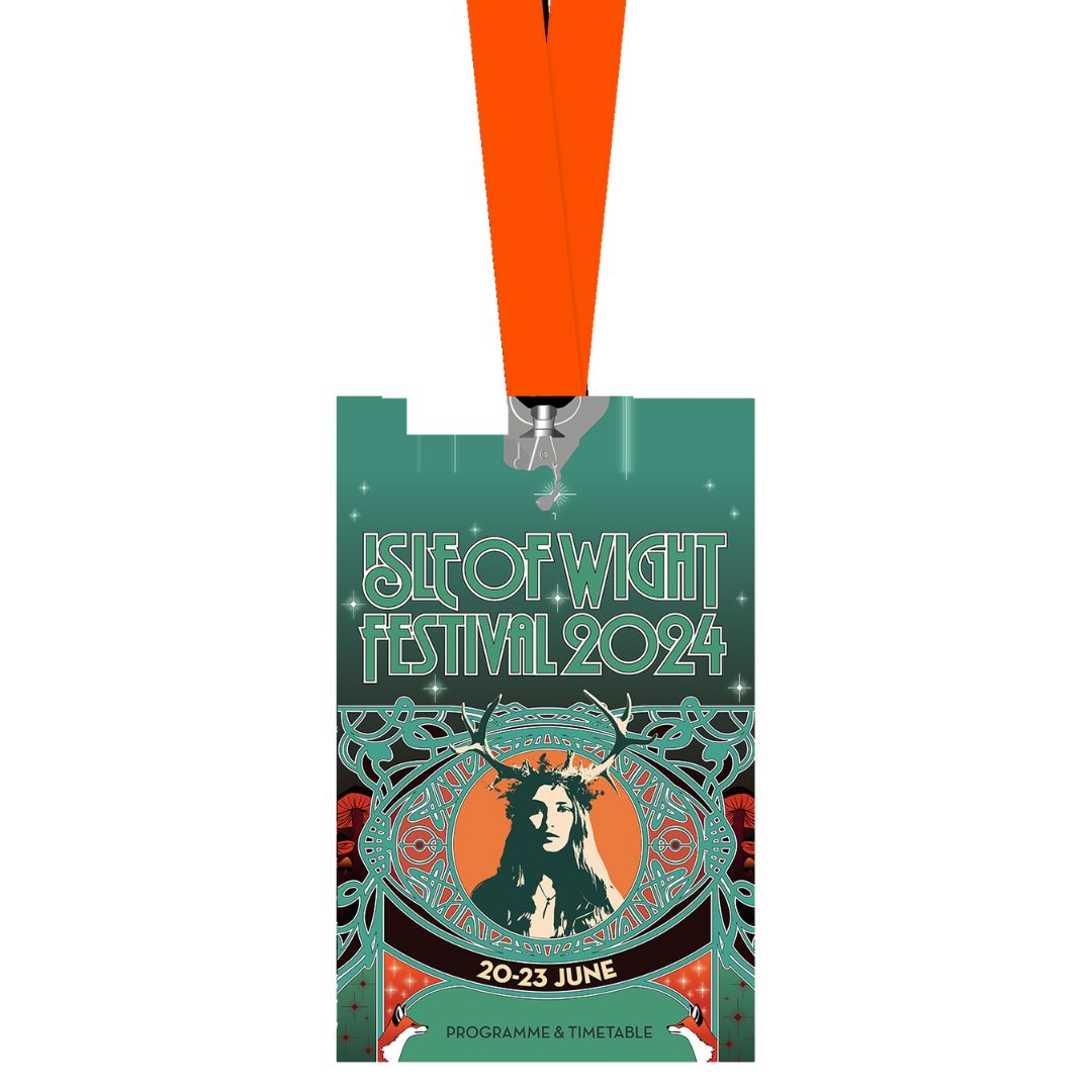The Isle Of Wight Festival Shop presents the Isle of Wight 2024 Lanyard Programme—an orange-lanyard pass with art nouveau graphics, a woman’s portrait, and 20-23 June dates on a vibrant green background.