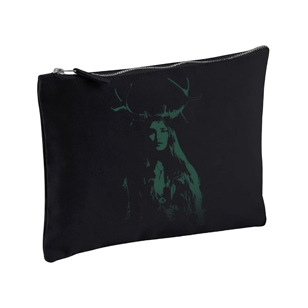 The Isle of Wight Canvas Bag by The Isle Of Wight Festival Shop is a black zippered pouch with a dark green, shadowy illustration of a woman with long hair and large antlers—ideal for storing small essentials or makeup.