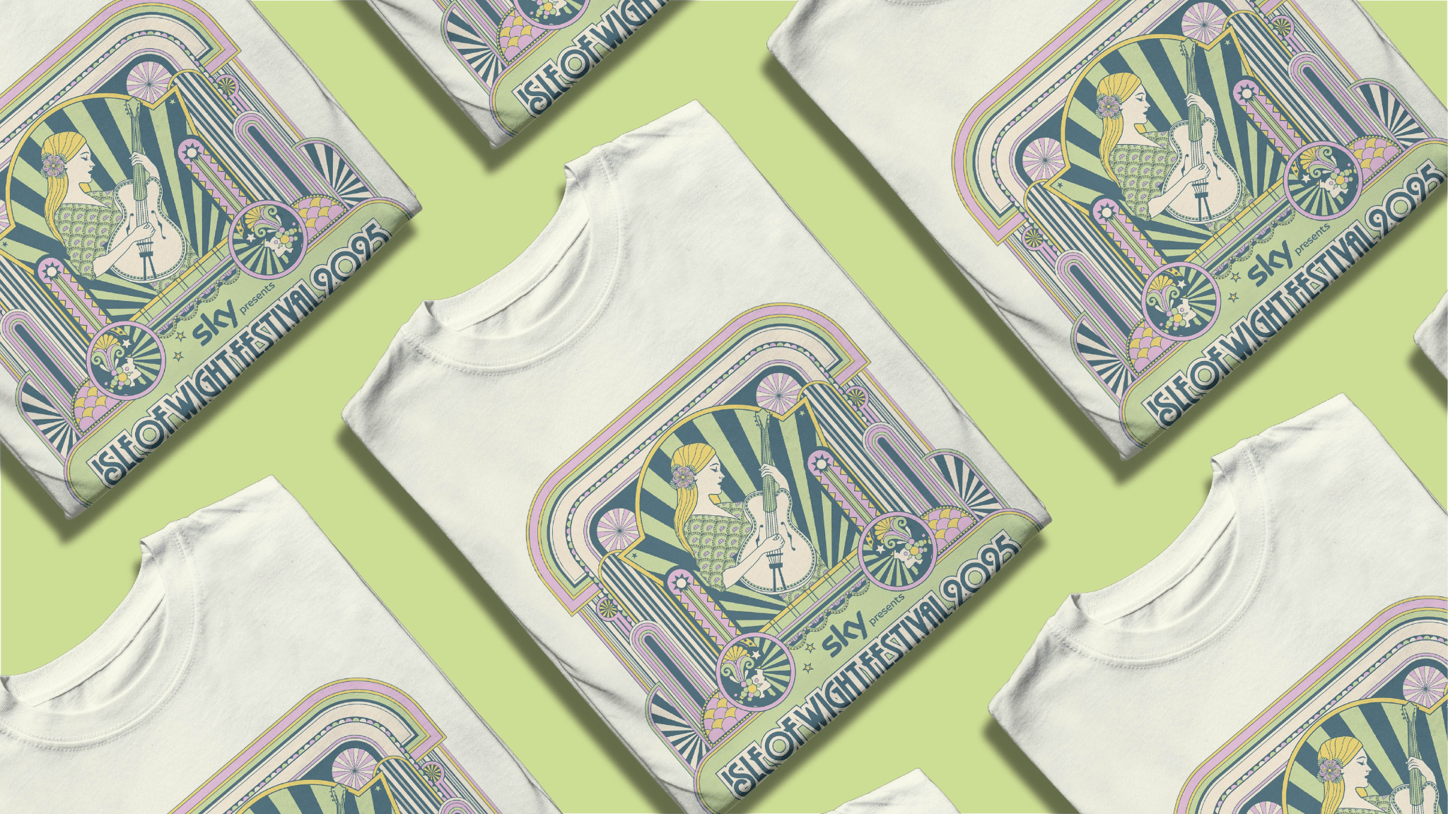 Promotional display of white t-shirts for the Isle of Wight Festival 2025, arranged in a diagonal pattern on a light green background. The t-shirts feature a colorful, retro-style graphic of a woman playing a guitar, with art deco elements in pink, purple, green, and blue. The text reads 'Sky presents Isle of Wight Festival 2025' at the bottom of the design, 2025 line up to the back. 