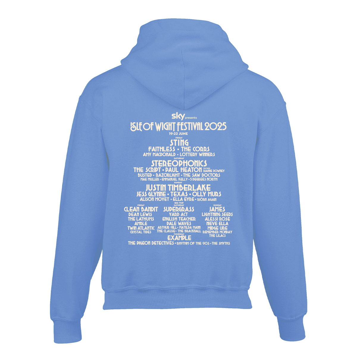 The Isle of Wight Festival 2025 Event Kids Hoodie Blue by 2025 features the festival lineup, including Sting, Stereophonics, and Justin Timberlake in bold white text on the back—perfect for young festival fans.