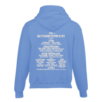 The Isle of Wight Festival 2025 Event Kids Hoodie Blue by 2025 features the festival lineup, including Sting, Stereophonics, and Justin Timberlake in bold white text on the back—perfect for young festival fans.