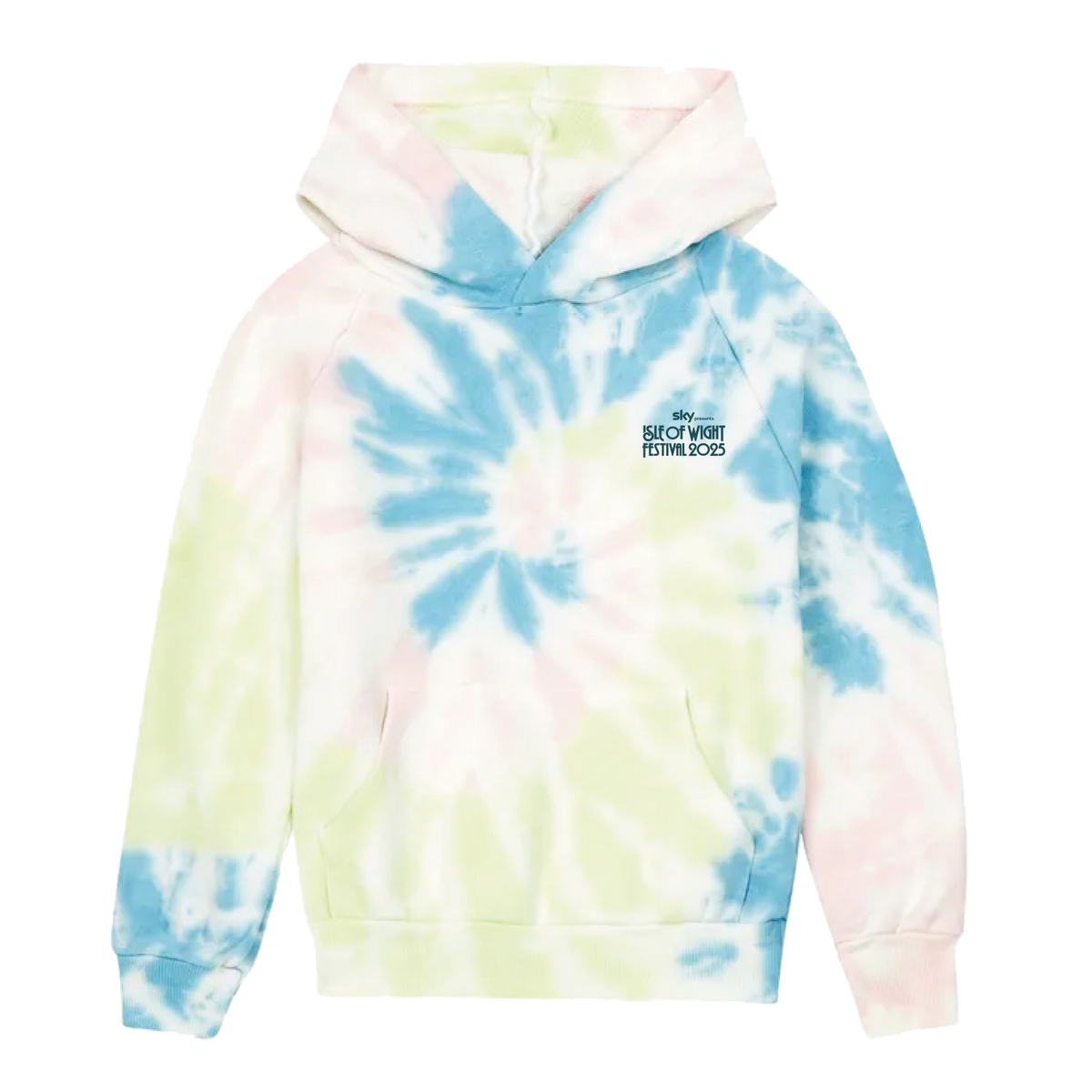The Isle of Wight Festival 2025 Event Kids Hoodie Tie Dye by 2025 features pastel blue, green, and pink colors with a front pocket and SWEET WORT FESTIVAL 2023 on the chest—ideal for young festival fans!.
