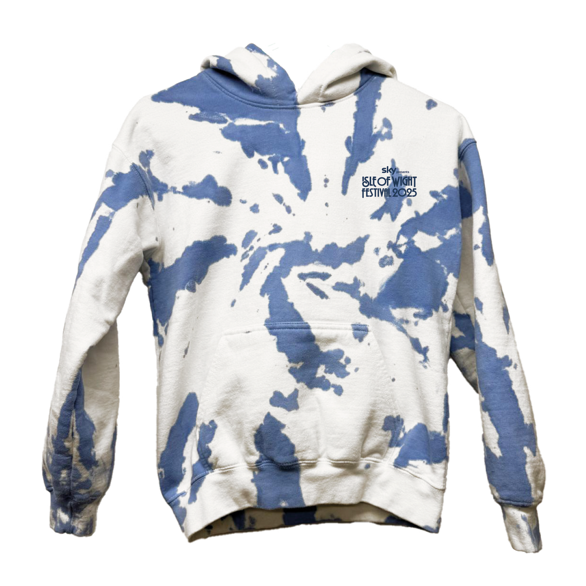 The Isle of Wight Festival 2025 Event Kids Hoodie Tie Dye by 2025 features a white and blue tie-dye pattern, front pocket, and small festival logo on the chest—ideal for young fans excited for the upcoming festival.