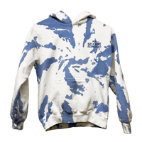 The Isle of Wight Festival 2025 Event Kids Hoodie Tie Dye by 2025 features a white and blue tie-dye pattern, front pocket, and small festival logo on the chest—ideal for young fans excited for the upcoming festival.