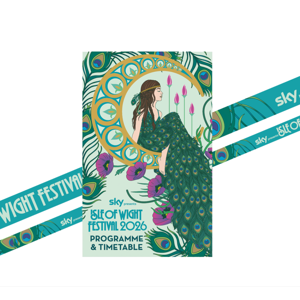 A vibrant IOW 2026 Isle Of Wight Festival 2026 Lanyard & Programme featuring an illustrated woman in a peacock feather dress surrounded by lotus flowers, with festival timetable and Sky branding.