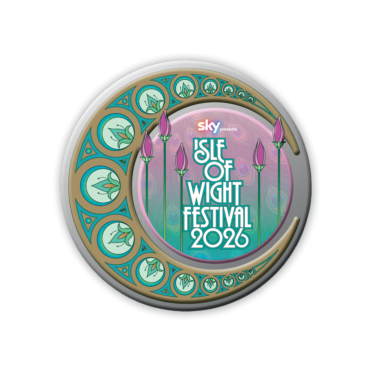 Round logo for the 2026 Crescent Magnet by IOW 2026, with the product name centered on a pastel swirl background, surrounded by stylized teal and gold flowers, and "Sky presents" at the top.