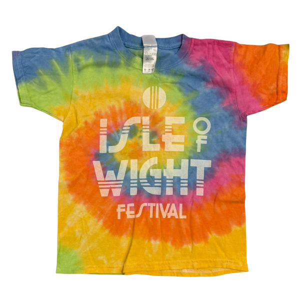 The Kids Tie Dye Historic T-Shirt by Historic features bold white Isle of Wight Festival print on a vibrant swirl of yellow, orange, pink, blue, and green—an eye-catching pick for young festival fans.