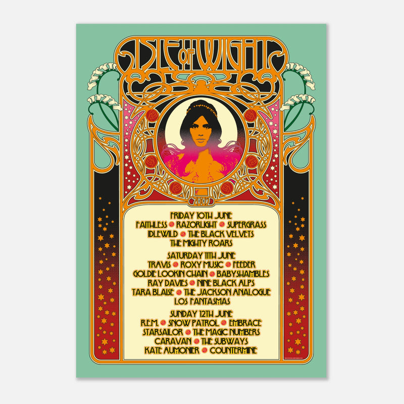 The 2005 Line Up Poster A2 from Download Festival Shop is a semi-glossy Art Nouveau-style print showing a stylized woman amid ornate patterns, with REM, Faithless, and Razorlight listed on a turquoise background.
