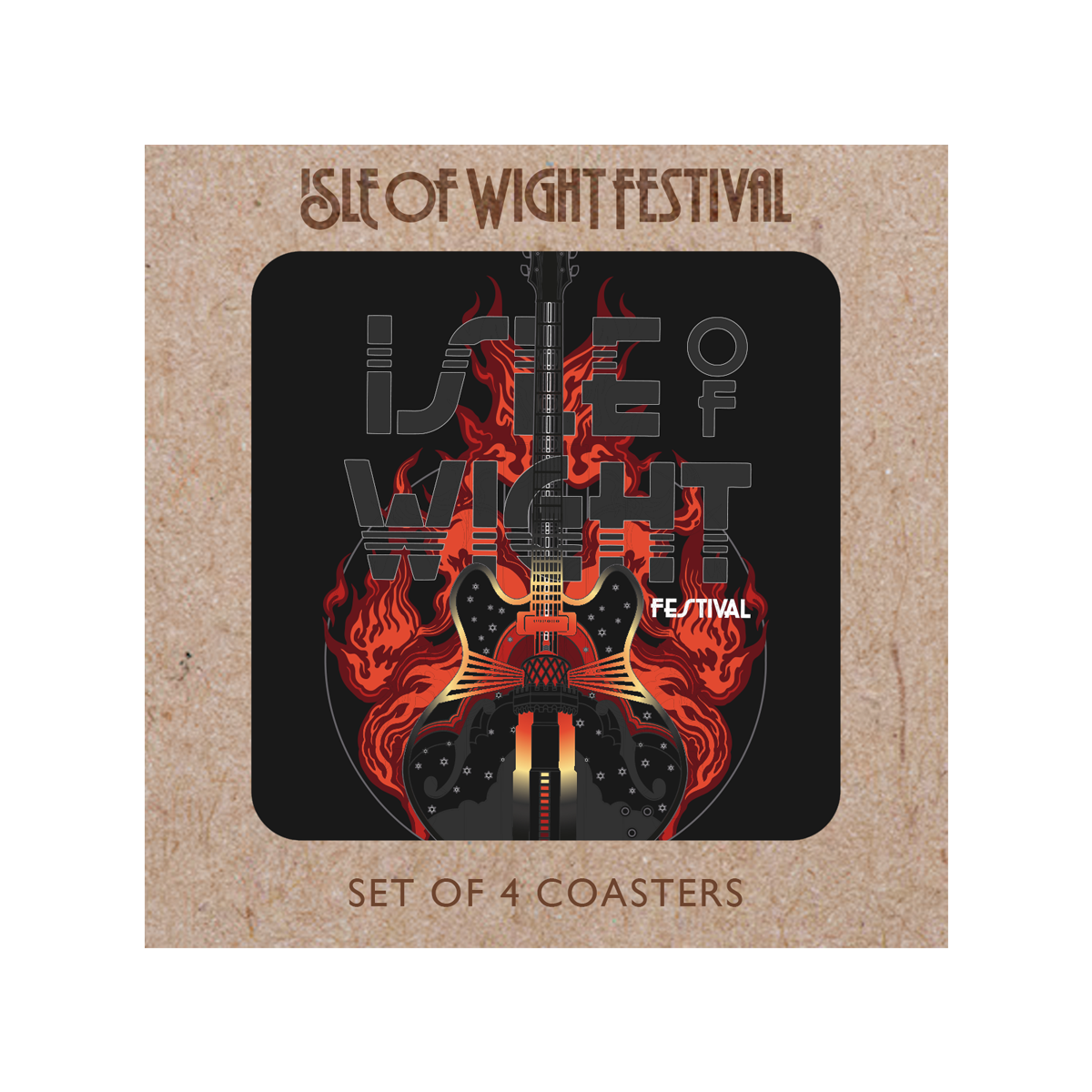The Isle of Wight Festival 2025 Coasters by 2025 feature an electric guitar with flames on black and Isle of Wight Festival text. Perfect for festival fans, this set of 4 comes in branded Isle of Wight Festival 2025 packaging.