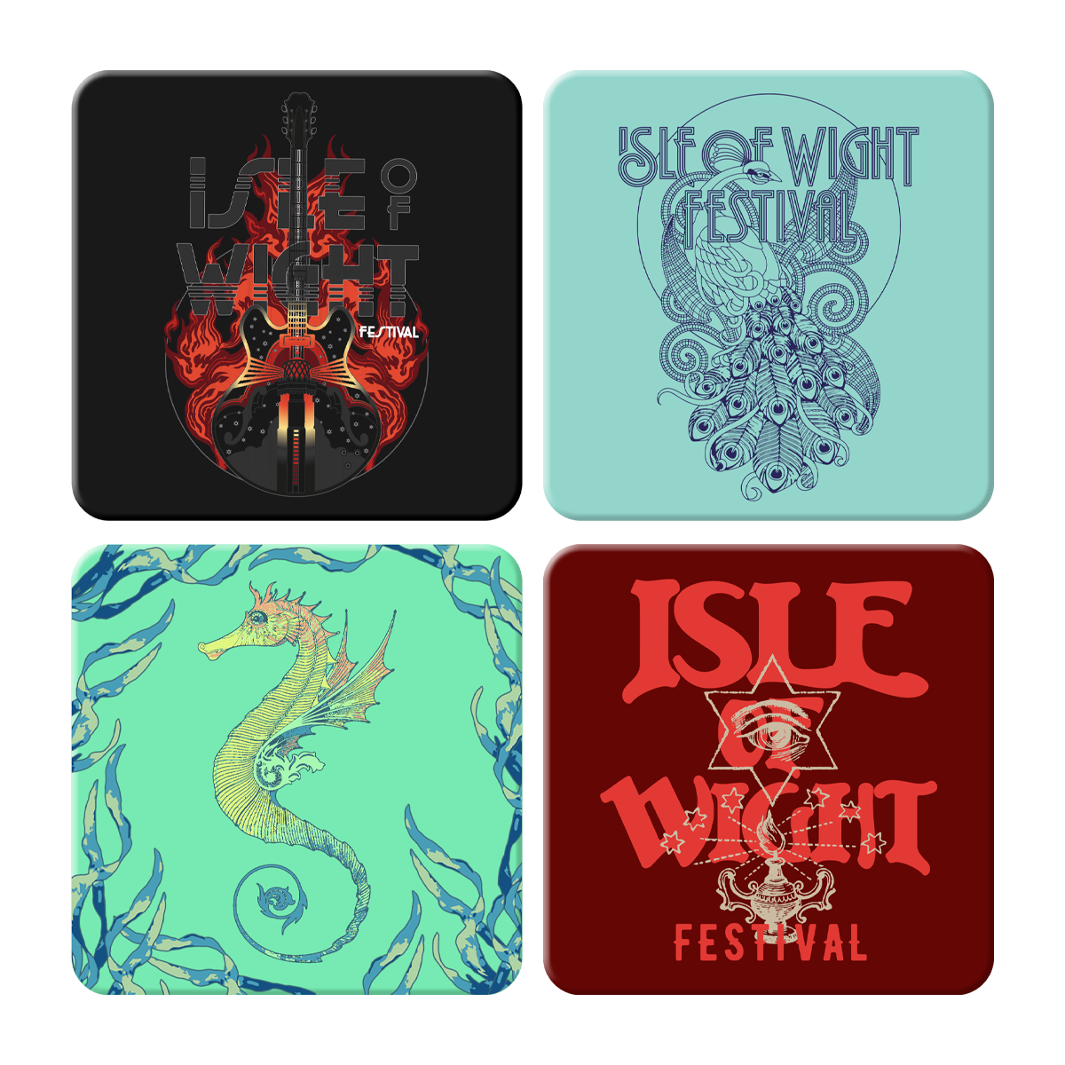 Isle of Wight Festival 2025 Coasters by 2025 feature four designs—flaming guitar, peacock, seahorse with seaweed, and bold eye text—making them perfect gifts for festival fans.