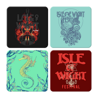 Isle of Wight Festival 2025 Coasters by 2025 feature four designs—flaming guitar, peacock, seahorse with seaweed, and bold eye text—making them perfect gifts for festival fans.