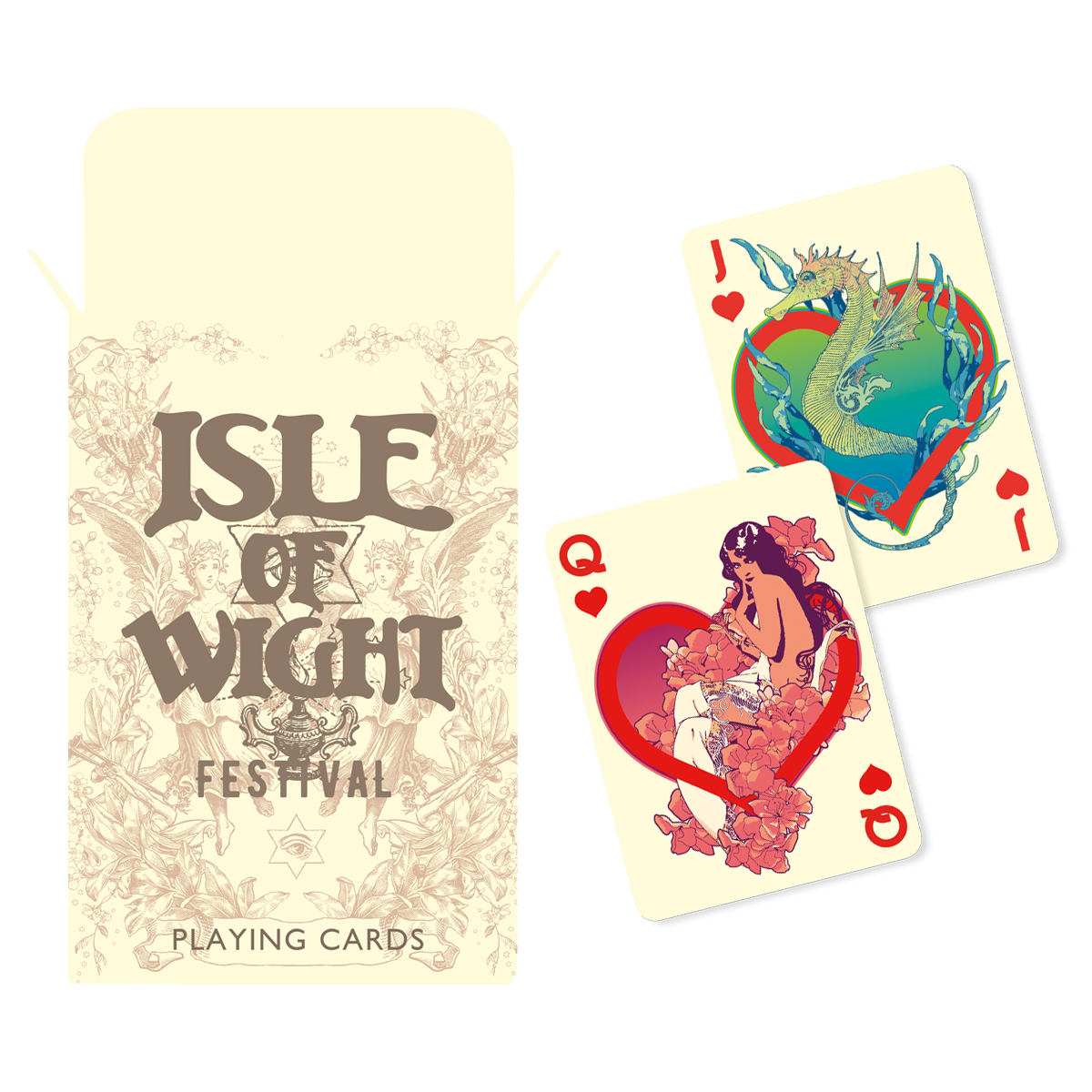 A decorative box labeled Isle of Wight Festival 2025 Playing Cards from 2025 is displayed beside two cards: the ace of hearts with a dragon and globe, and the queen of hearts showing a woman with flowers.