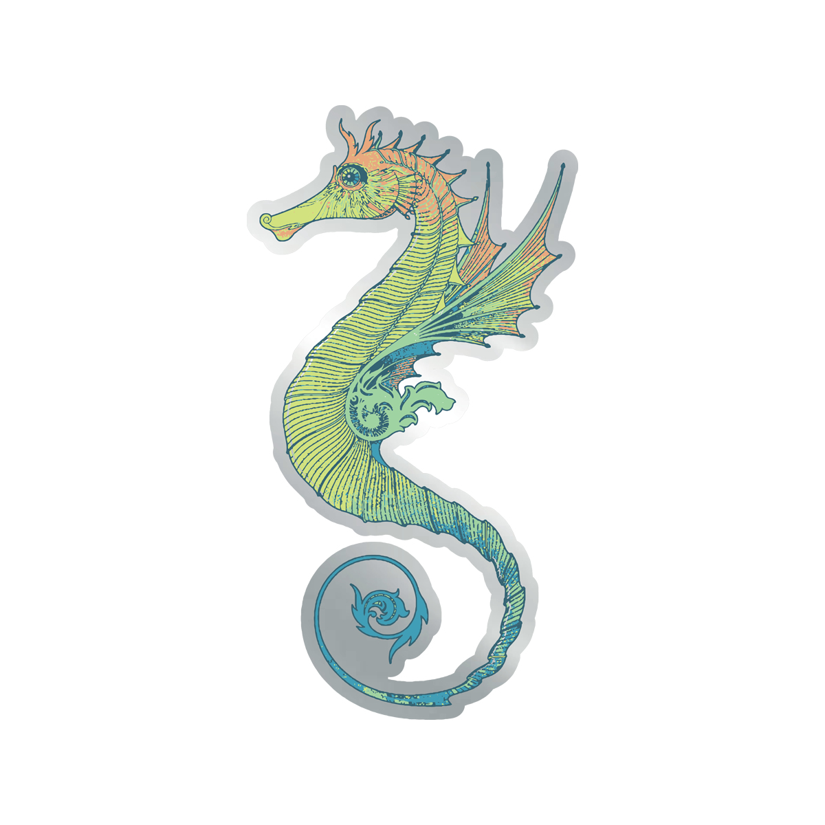 The Isle of Wight Festival 2025 Seahorse Pin Badge by 2025 features a colorful, whimsical seahorse with a green and yellow body, orange head, fin-like wings, and curled blue tail on a transparent background.