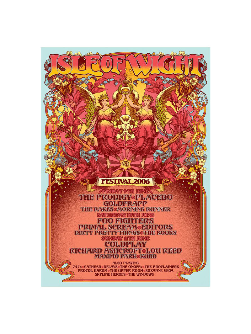 The Isle Of Wight Festival 2006 Event Poster features vivid full-color print, ornate borders, four torch-bearing figures, and the lineup including The Prodigy, Placebo, Coldplay, Foo Fighters, and more.
