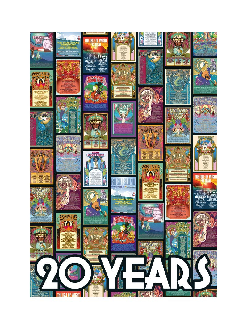 The Isle Of Wight Festival 20 Years Anniversary Art Poster features a vibrant grid collage of festival posters, with “20 YEARS” boldly displayed at the bottom.